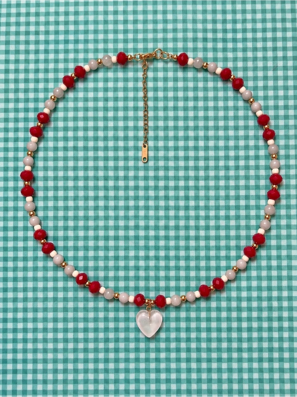 Gold Beaded Heart Necklace with Red & Light Pink Beads